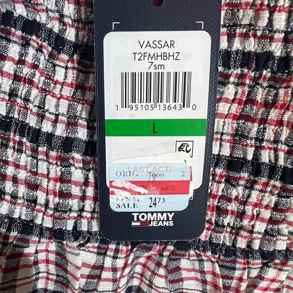 Tommy Jeans Plaid Smocked Peplum Top Womens Size L Square-Neck Multicolor NEW - Picture 4 of 4